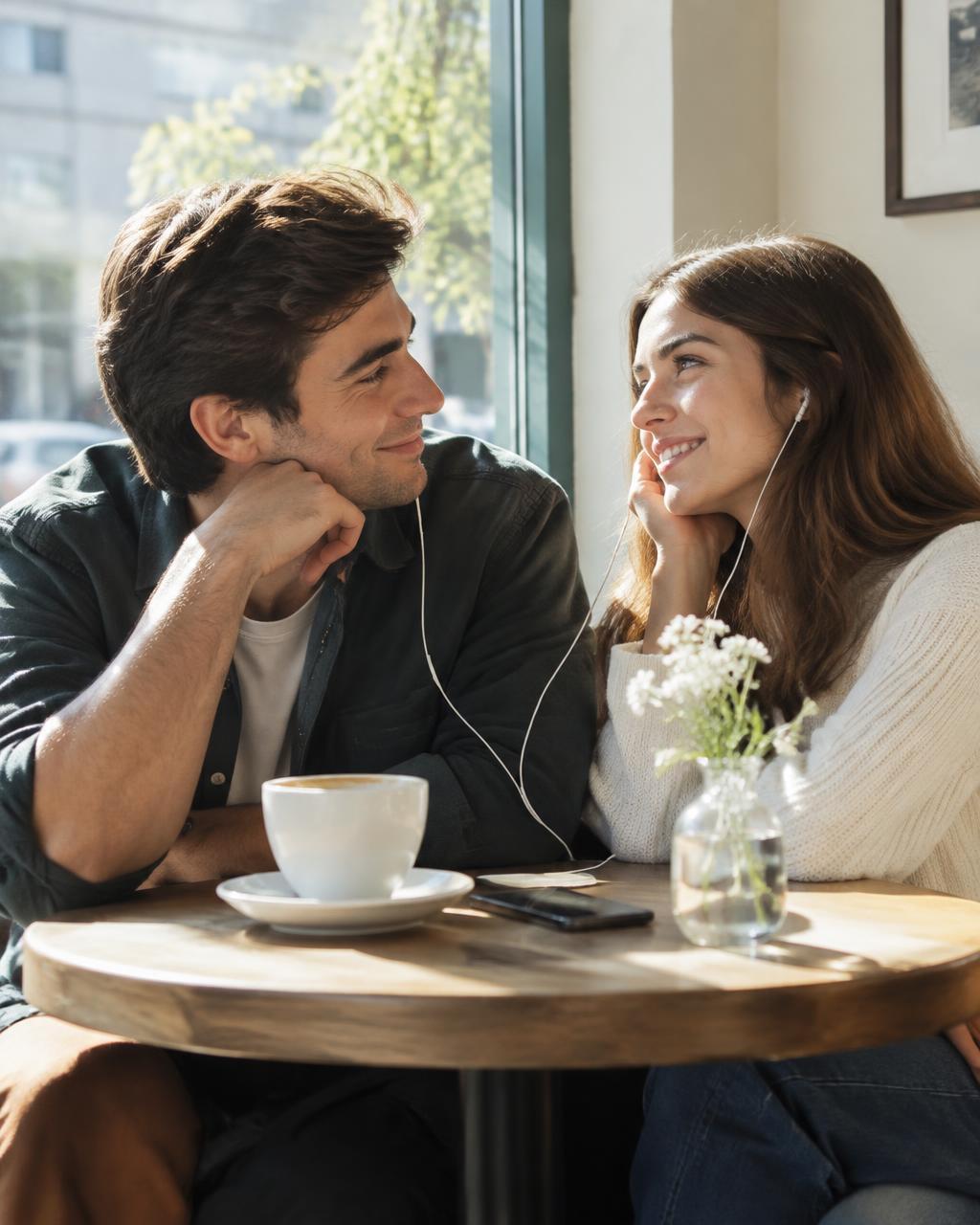 Ein Paar teilt Kopfhörer an einem sonnigen Café-Tisch