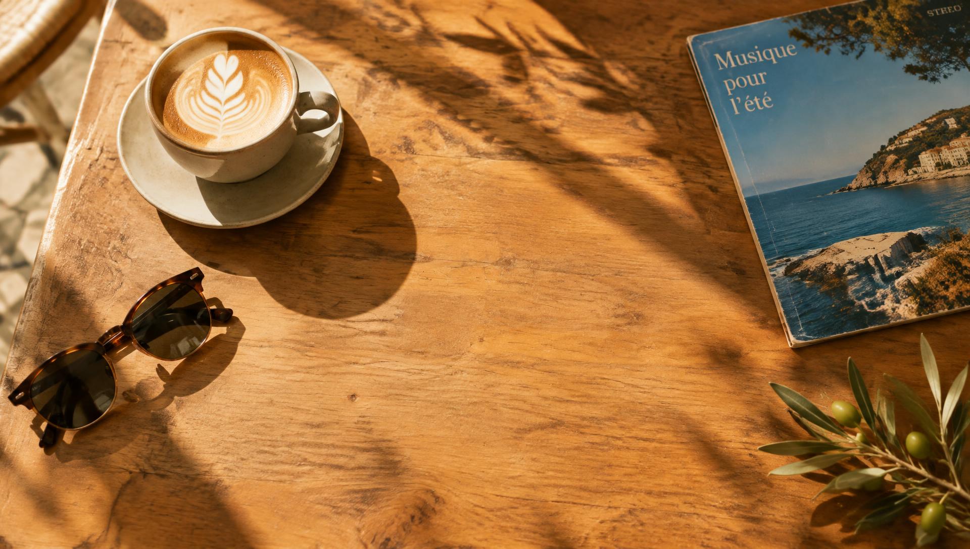 Sonniger Café-Tisch aus Holz mit Kaffee und einer Schallplatte